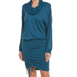NWT FREE PEOPLE Sundown Knit Mini Dress Long sleeve,tie. Teal dark green, ruched